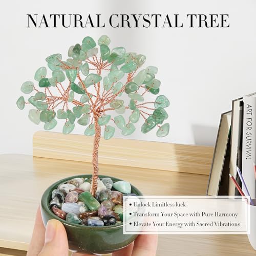 Green Aventurine Crystal Tree with Ceramic Base,Natural Gemstone Feng Shui Money Tree for Wealth,Good Luck & Positive Energy,Handmade 5 Inch Healing Abundance Bonsai for Home Office Decor - color: Green Aventurine Vase Tree-2