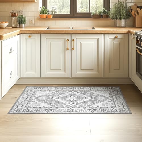 Lessymo 2 x 3 Entryway Rug - Machine Washable Area Rugs Boho Faux Wool Low Pile Area Rug for Bedroom, Floral Medallion Vintage Outdoor Rugs with Non-Slip Rubber,Grey Beige - color: Grey Beige, size: 2' x 3' (Rectangular)