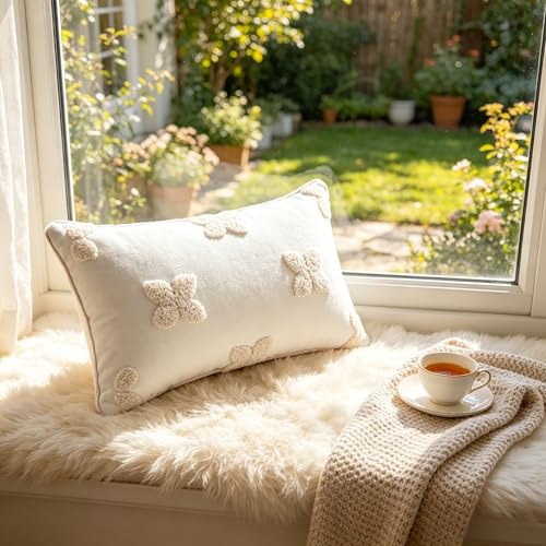 Beautiful Embroidery Four-Leaf Flower Throw Pillowcase Soft Woven Cotton Canvas Accent Pillow 12x20 Inch Tufted Clover Decorative Pillowcase with Cross Stitch for Preppy Stuff Room 1PCS (Cream Beige)