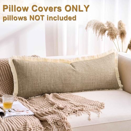 14x36 Pillow Covers Long Khaki Boho Faux Linen Decorative Fringed Rustic Woven Textured Burlap Lumbar Pillow Covers for Bed Sofa Bedroom Living Room Home Decor Cushion Cover Pack of 1 - color: Khaki, size: 36" x 14" (Pack of 1)