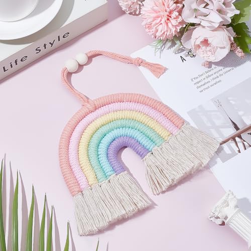 2Pcs Colorful Rainbow Wall Hanging Decor Handmade Woven Cotton Rainbow Hanging Ornament Pendant with Tassel Cute Home Accessories Front Door Room Home Car Decoration for Woman Man - color: Pink,mixed Color