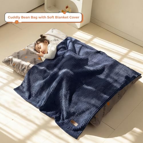 MAXYOYO 3 in 1 Kids Bean Bag Chair Couch, Convertible Chair Folds from Bean Bag to Lounger, Child Floor Sofa for Gaming, Reading, Floor Couch with High-Density Foam Filling - color: Navy
