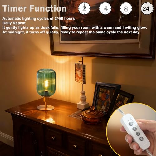 Mid Century Glass Table Lamp,Dimmable Desk Lamp,LED Bulb Included,Timer Build-In,Green Ribbed Glass - color: Green Ribbed, size: Timer