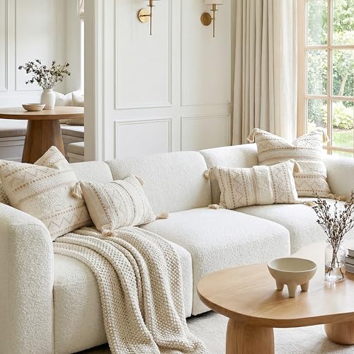 BlissBlush 18X18 Throw Pillow Cover, Cream Neutral Beige Square Decorative Cushion Cover, Boho Accent Pillowcase with Tufted Details and Tassels for Couch Sofa Living Room(Cover Only) - color: Beige, size: 18" x 18" (Pack of 1)