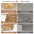 24” Boho Rattan Ceiling Light Fixture, Hand-Woven Wicker Flush Mount Chandelier, Rustic Coastal Scalloped Gold Base Semi Flush Lighting for Bedroom, Dining Room, Kitchen, Foyer, Living Room - color: Rattan A