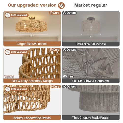 24” Boho Rattan Ceiling Light Fixture, Hand-Woven Wicker Flush Mount Chandelier, Rustic Coastal Scalloped Gold Base Semi Flush Lighting for Bedroom, Dining Room, Kitchen, Foyer, Living Room - color: Rattan A