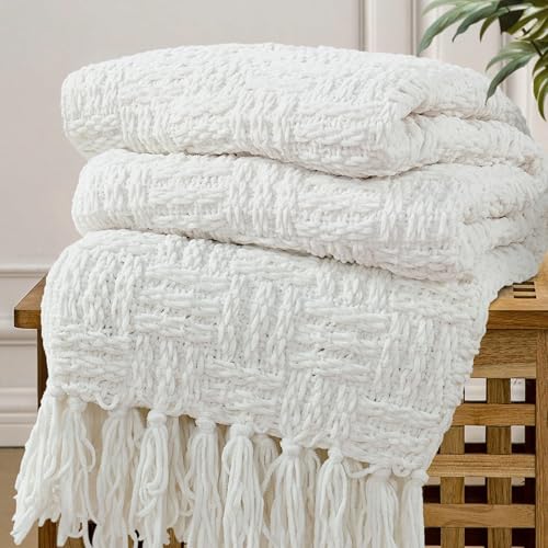 Home Soft Things Cable Knitted Throw Blankets 60" x 80", White, Soft Cozy Fluffy Decorative Throw with Tassels Couch Bed Sofa Cover Throw Blankets - color: Antique White, size: 60" x 80"