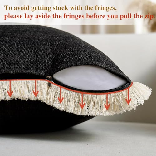Boho Pillow Covers 20x20 Faux Linen Couch Pillow Covers Farmhouse Rustic Decorative Pillows Case with Fringe Black Square Cushion Covers for Sofa Bedroom Living Room Home Decor Set of 2 - color: Black, size: 20" x 20" (Pack of 2)