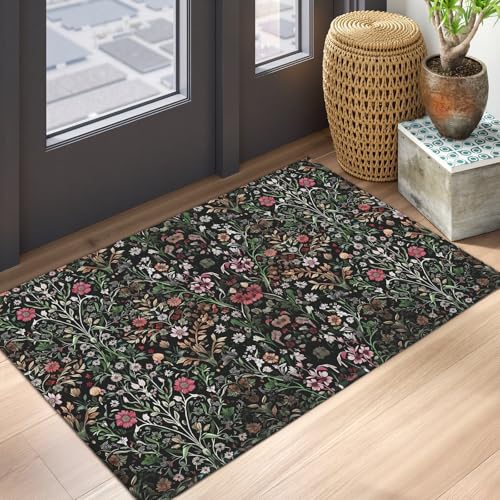 Floral Rugs 2x3 Spring Summer Boho Black Flowers Decorative Indoor Outdoor Doormat Small Non-Slip Low Pile Front Door Mat Area Rugs for Living Room Bedroom Decor - color: Black Floral