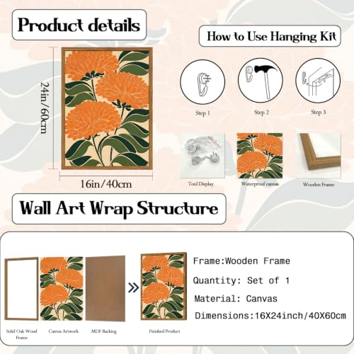 Framed Boho Floral Wall Art, Vintage Orange Flower Canvas Wall Decor Pictures, Mid Century Modern Abstract Botanical Paintings Prints Maximalist Home Decor for living Room Bedroom Office 16x24 inch - color: Orange Flower, size: 24"L x 16"W