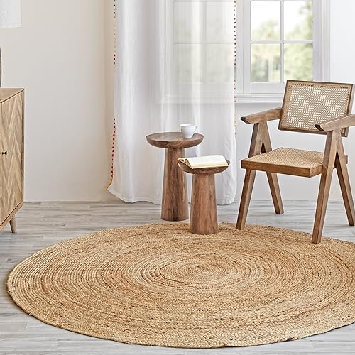 HOMEMONDE Handwoven Jute Area Rug - 5 feet Round Natural Yarn Loom Braided Rug - Eco-Friendly Boho Farmhouse Reversible Design for Bedroom, Living Room, and Kitchen - size: 5' (Round)