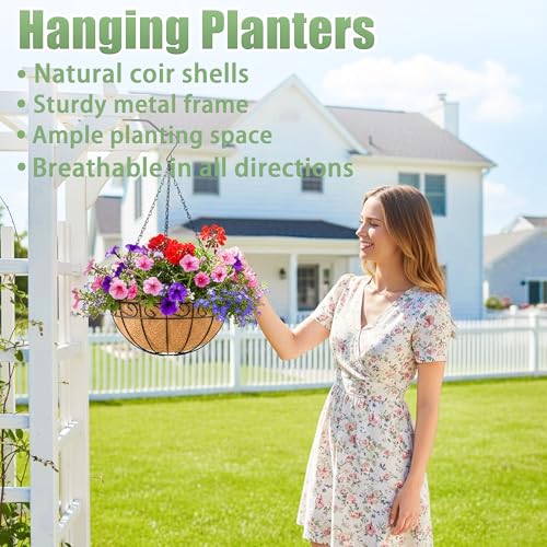 2 Pack 12 Inch Hanging Baskets for Plants Outdoor Metal Hanging Planters Round Hanging Flower Pots with Coco Coir Liner Plant Holder for Outdoor Patio Garden Balcony Decor - Flower Border - color: Flower Border