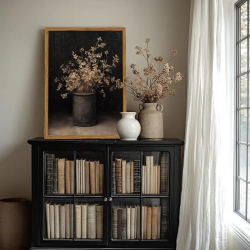 Framed Vintage Floral Wall Art, Rustic Dark Moody Flower Paintings Wall Decor, Retro Farmhouse Botanical Pictures Canvas Prints Neutral Aesthetic Home Decor for Living Room Bedroom 16x24inch - color: Dark-2, size: 24"L x 16"W