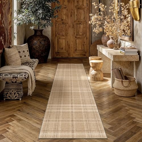 2x8 Brown Runner Rug for Kitchen Machine Washable Low Pile Checkered Carpet Modern Accent Soft Non Slip Rug for Bathroom Bedroom Nursery Indoor - color: Brown, size: 2' x 8' (Runner)