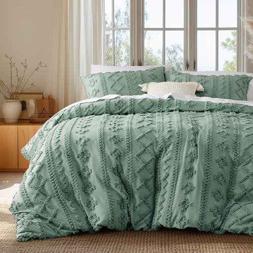 Bedsure Boho Duvet Cover King Size, Soft & Comfortable Elegant Design Boho Bedding for Decoration, Machine Washable Comforter Cover for All Seasons,Includes 1 Duvet Cover & 2 Pillow Shams,Sage Green - color: 11 - Sage Green - Elegant (No Comforter), size: