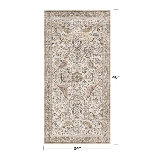 Boho Moss 2x4 Small Rugs for Entryway, Vintage Washable Low Pile & Soft Throw Rugs for Kitchen, Bathroom - Classic Home Décor, Bird & Botanical Design Stain Resitant Non Slip Carpet - color: Moss Green, size: 2' x 4' (Rectangular)