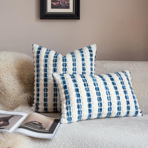 Caflife Boho Lumbar Pillow Covers 14x36 Inch Long, Farmhouse Blue Striped Textured Chenille Decorative Couch Pillow Cases, Rustic Accent Cushion Covers for Sofa Bed Living Room Bedroom, Pack of 1 - color: Blue, size: 36" x 14" (Pack of 1)