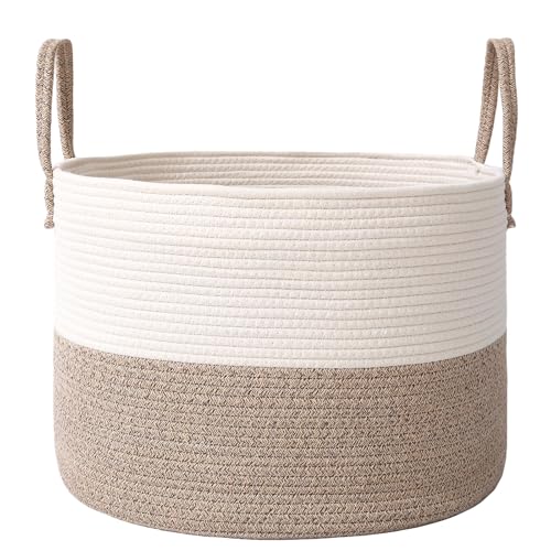 JMvicyroam 65L Extra Large Blanket Basket for Living Room - Woven Cotton Rope Laundry Hamper with Reinforced Handles - Storage Bin for Pillows, Comforters & Toys - Machine Washable,White&Brown - color: White&Brown, size: 65L
