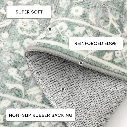 Vintage Washable 2x5 Rug Runner, Sage Green Grey Runners for hallways, Super Soft Kitchen Runner Rug Non Slip, Printed Faux Wool Floral Thin Carpet Runner for Entryway Laundry Room Bedroom - color: Grey With Light Sage Green, size: 2' x 5' (Runner)