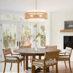 19.7" Boho Rattan Chandelier, 4-Light Large Rattan Pendant Light with Fabric Shade, Boho Drum Ceiling Hanging Light Fixture for Dining Room, Living Room, Kitchen Island, Hallway, Foyer - size: 19.7" V-shaped weaving