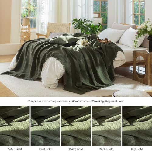 MooMee Muslin Blanket - 100% Cotton 4-Layer Gauze Throw Blanket with All-Around Fringe, Soft Breathable Lightweight Cooling Summer Blankets for Bed Couch (Olive Green,Super King 108" x 98") - color: Olive Green, size: Super King