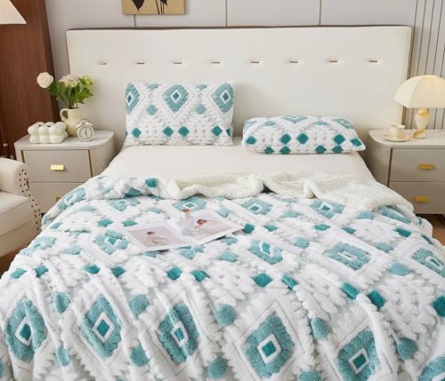 UKELER Boho Throw Blanket 60"x80", Ultra Soft Warm Sherpa Fleece Bohemian Blanket, Hollow Jacquard Fluffy Plush Decorative Blanket for Couch Sofa Office Nap Camping, Blue - color: Ab-blue, size: 60x80 Inch