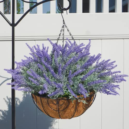Ivydale Artificial Faux Outdoor Hanging Flowers Plants Basket for Porch Spring Decoration, 12 Bundlies Fake UV Resistant Lavender with Coconut Lining Baskets for Home Patio Balcony Yard
