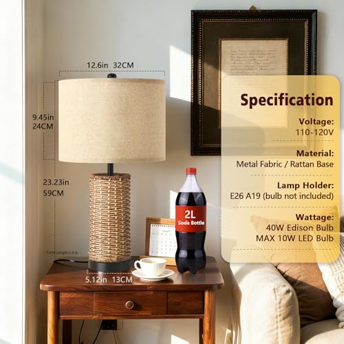 23.3" Boho Table Lamps for Living Room, Bedside Lamp for Nightstands, Rattan Lamp Wicker Lamp for Bedroom, Farmhouse Rustic Woven Table Lamp for Kitchen Room Decor, End Table, Retro(No Bulb) - color: Rattan-A