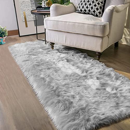 Latepis Grey Fluffy Rugs for Bedroom Rug Runner 2x5 Faux Sheepskin Fur Furry Rug for Living Room Home Décor Sofa Cushion, Runner - color: Grey, size: 2' x 5' (Runner)