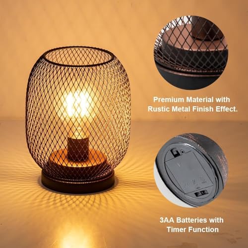 Set of 2 Battery Operated Lamp LED Table Lantern, Brown Metal Cage Cordless Lamps with LED Bulb，Vintage Decorative Outdoor Lantern for Weddings, Parties, Patio, Events for Indoors Shelf Decor - style: Bronze Oval / Timer