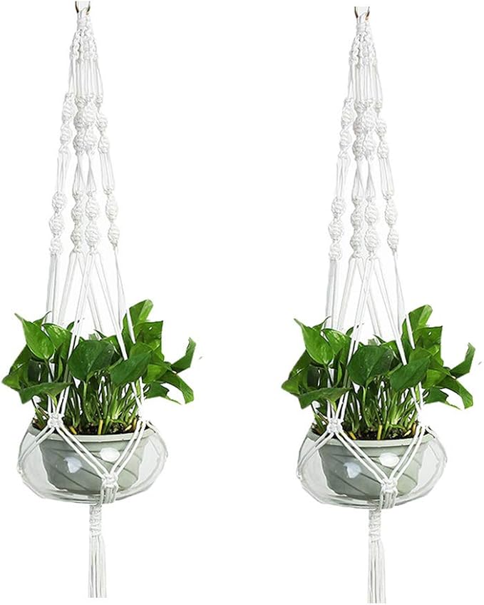 Set of 2 Macrame Plant Hanger Nylon Rope Wall Hanging Planter Basket for Indoor Outdoor Flower Pot Plant Holder Wall Art Vintage-Inspired Home Decor, with Metal Ring 4 Legs 39 inch (White)