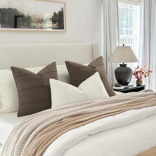 YCOLL Textured Boucle Throw Pillow Covers 22x22 Pack of 2 - Soft Neutral Striped Cushion Covers, Cozy Accent Decorative Pillow Covers for Couch, Sofa, Bed, Living Room (Brown) - color: Brown, size: 22" x 22" (Pack of 2)