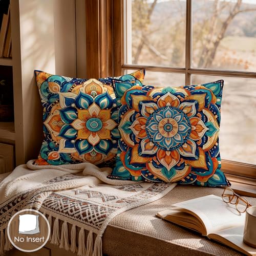 OBSEDE Boho Mandala Throw Pillow Covers Set of 4, 18x18 Inch Blue and Orange Bohemian Decorative Pillow Cases for Couch Sofa, Psychedelic Floral Spiritual Home Decor - color: Boho Spirit Mandala, size: 18" x 18" (Pack of 4)