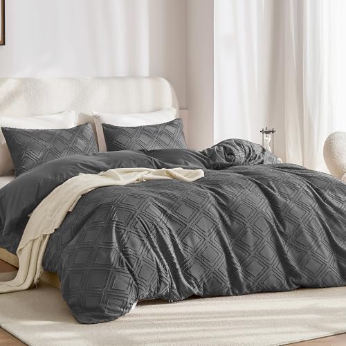 JELLYMONI Duvet Cover Twin Size Dark Grey - 3PCS Boho Duvet Cover Set Plaid Polyester Tufted Bohemian Jacquard Knit Textured Comforter Cover Rhombic Geometric Pattern Corner Ties & Zipper for Kids - color: Dark Grey-grid, size: Twin(68"×90")
