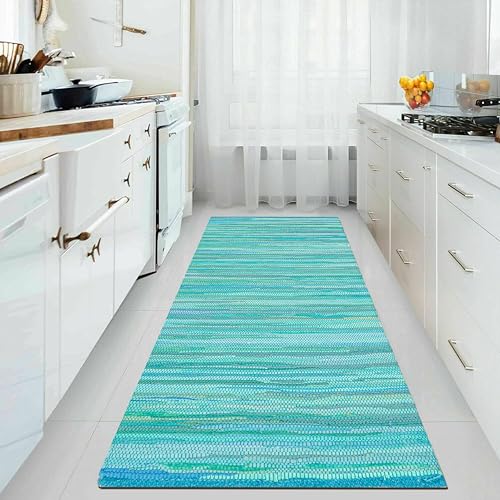 Cotton Hand Woven Chindi Runner Rug 2x6 Feet - Teal, Durable Rectangular Large Door Way Rag Rugs Ideal for Hallways, Kitchen, Bedroom, Nursery Room | Green Soft Reversible Floor Mat for Kids Space - color: Teal, size: 2' x 6' (Runner)