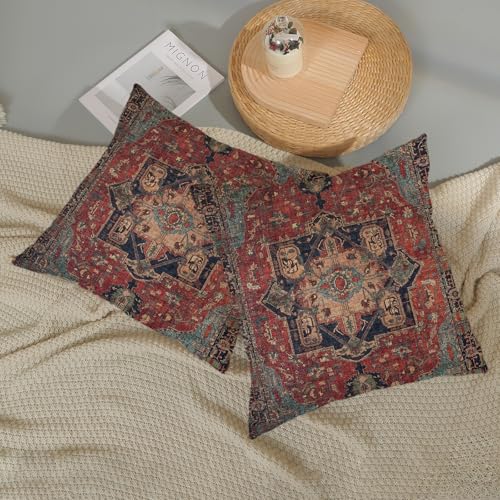 Boho Pillow Covers 16x16 Inch 2 Pcs Vintage Red Carpet Pattern Ethnic Decor Throw Pillows Blue Teal Retro Bohemian Outdoor Farmhouse Decoration Pillowcase Linen Cushion Cover for Couch Sofa Bed - color: Red Teal Boho, size: 16" x 16" (Pack of 2)