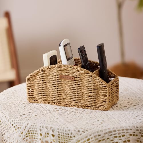 Handwoven Remote Control Holder Basket, Boho Desk Organizer with 5-Compartment Storage TV Remotes, Office Supplies for Living Room, Bedroom, Office