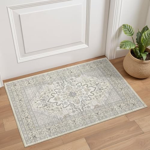 Tortania Area Rug 2x3 Doormat - Washable Vintage Oriental Farmhouse Soft Thin Indoor Carpet for Living Room Bedroom Hallway Entryway Kitchen - Beige Linen - color: Beige Linen, size: 2' x 3' (Rectangular)