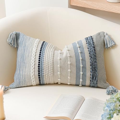 BlissBlush Decorative Lumbar Throw Pillow Cover 12x20 Coastal Blue Accent Cushion for Couch Sofa Farmhouse Pillowcase for Bedroom Living Room Home Décor Cover ONLY - color: Coastal Blue, size: 20" x 12" (Pack of 1)