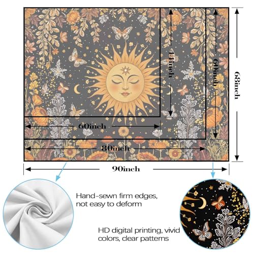 Kanuyee Sun and Moon Tapestry Nature Style Tapestry for Bedroom Celestial Starry Sky tapestries Wall Hanging Aesthetic Room Decor Smiling Sun with Butterflies 80"x60" - color: Black Orange, size: 80"L x 60"W