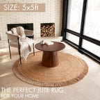 KIBAGA Beautiful 5x5 ft Round Jute Area Rug for Your Home - This Natural Hand Woven Rug Fits Perfectly Into Your Entry Area, Kitchen Or Living Room - Modern Braided Circle Mat Enhances Any Boho Decor - size: 5' (Round)