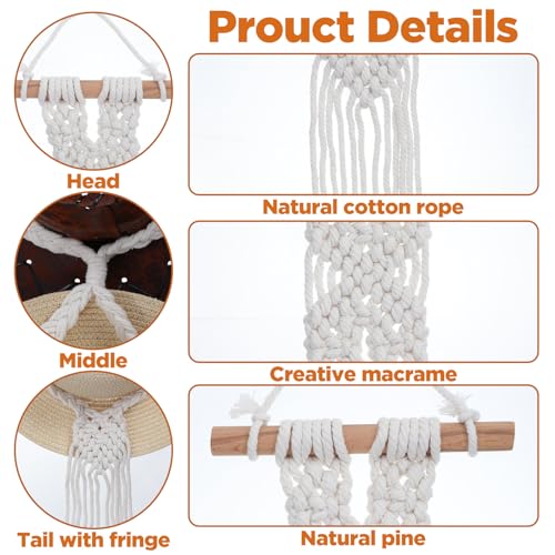 3 PCS Macrame Hat Hangers for Wall, Bohemian Hand Weaving Boho Hat Rack Organizer for Cowboy, Wide Brim, Bowler & Fedora Hats, Decorative Western Door & Wall Hanging Display (3 Hats Style)