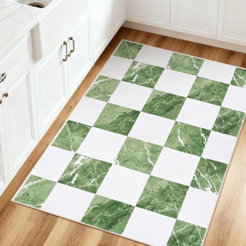 Yinhua Checkered Rug 2x3, Green and White Entryway Rug Washable Area Rugs for Entryway, Classic Geometric Non Slip Door Mat Soft Low Pile Throw Rugs Marble Small Carpet for Foyer Porch Doorway Bedside - color: Sage Green & White, size: 2x3 ft
