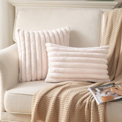 DEELAND Pack of 2,Double-Sided Faux Fur Plush Decorative Throw Pillow Covers Fuzzy Striped Soft Pillowcase Cushion Covers for Sofa Couch Bedroom Beige 12x20 inch - color: Beige, size: 20" x 12" (Pack of 2)