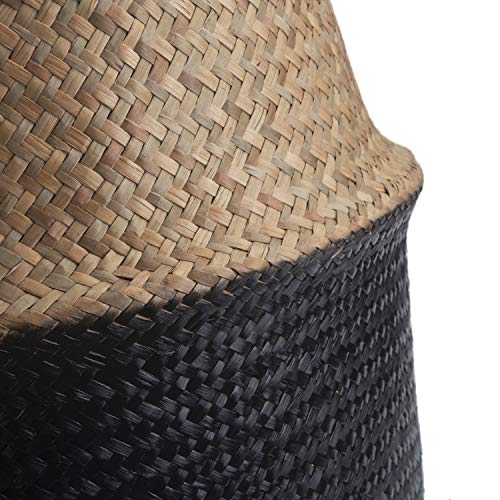 Seagrass Plant Basket with Handles Natural Woven Storage Baskets (Black 9 inch D x 11 inch H) - color: Black, size: L(9.5" D x 11" H)