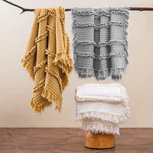 Ultra Soft Pre-Washed Warm Quilted Throw Blanket, Ruffle Fringed Cream Boho Decorative Throw, Stone Washed Chic Rustic Blanket for Sofa Couch Bed Chair, 50"x 60" - color: Cream, size: 50"x60"