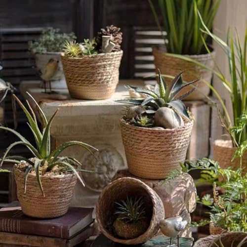 Woven Basket with Plastic Lining 7.9" x 6.3" for Indoor Outdoor Planters Home Decor Flower Pots Cover Storage Organizer Plant Corner Decoration - size: large