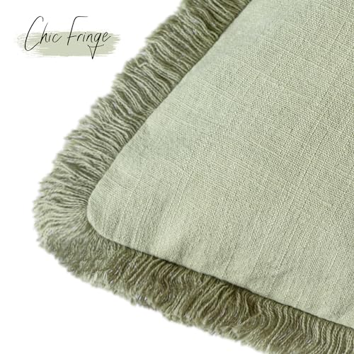 Foindtower Set of 2 Decorative Linen Fringe Throw Pillow Covers Boho Farmhouse Cushion Cover with Tassels Soft Accent Pillowcase for Couch Sofa Bed Living Room Home Decor,16×16 Inch,Light Sage Green - color: Seeding Green, size: 16" x 16" (Pack of 2)
