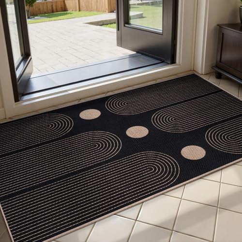Tangsoo Rainbow Easy Jute Rug 2x4 Small Rugs for Entryway,Black Washable Thin Outdoor Door Mat,Non-Slip Indoor Floor Carpet Farmhouse Throw Mat for Kitchen Hallway Bedroom Front Porch - color: Black Rainbow-3, size: 2x4ft