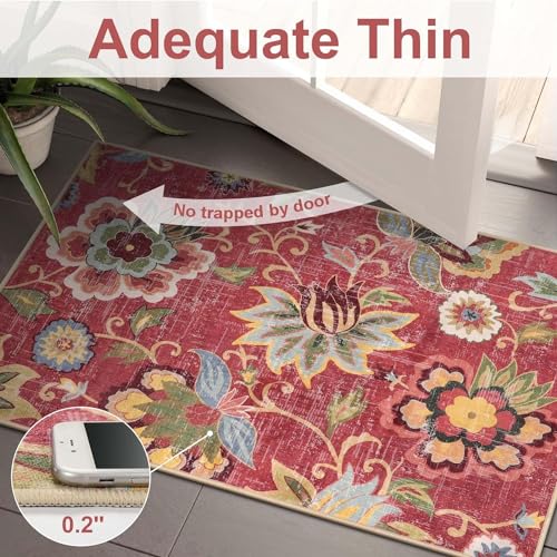 Beeiva Floral Runner Rug Non Slip, Vintage Red 2.5x12 Rug Runner for Hallways Non-Slip, Printed Distressed Ultra Thin Foldable Washable Runner Rug for Bedroom Bathroom Christmas - color: Red, size: 2'5" x 12' (Rectangular)